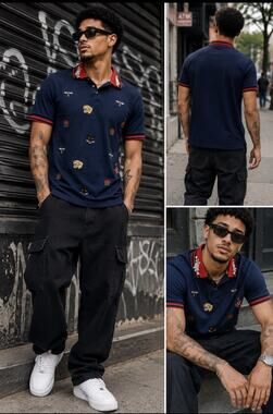 RS1NE Men's Embroidered Blue Short Sleeve Polo Shirt Sz 2XL Streetwear